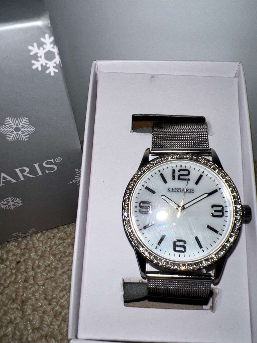 Kessaris Women's Silver Mesh Bracelet Watch with Crystal Bezel - Silver Dial